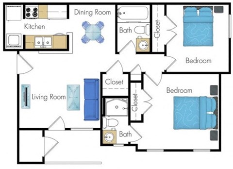 Floor plan for 2 beds, 2 baths, 975 sqft